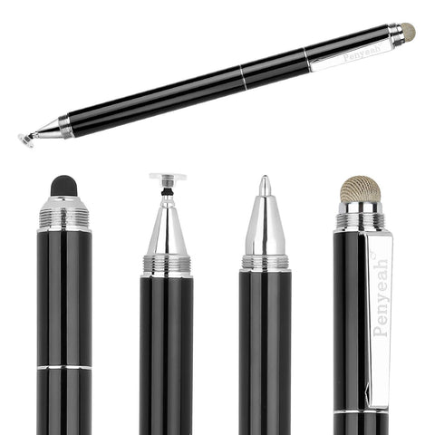 Capacitive Stylus Pen with Ballpoint Pen Writing ,Penyeah 4-in-1 Touch Screen Stylus—Writing Pen &Disc Tip & Mesh Fiber Tip & Rubber Tip,Stylus Pen For Touch Screen Devices--Black