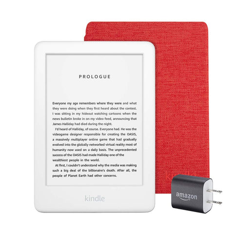 Kindle Essentials Bundle including All-new Kindle, now with a built-in front light, White - with Special Offers, Kindle Fabric Cover – Punch Red, and Power Adapter