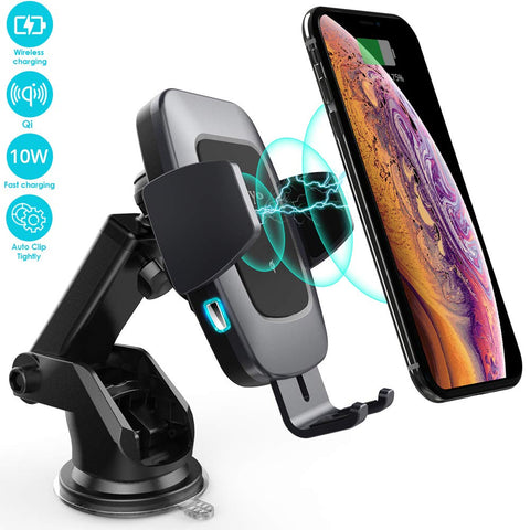 Heiyo Wireless Car Charger Mount, Auto-Clamp Cradle, Qi Charging Holder, Windshield & Air Vent, 10W Compatible for Samsung S9/S9+/S8/Note 8, 7.5W Compatible for iPhone Xs Max//Xs/XR/X 8/8 Plus(Black)