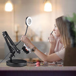 B-Land Cell Phone Holder with Selfie Ring Light for Live Stream, LED Camera LED Light with Mirror Flexible iPad Stand Holder Mobile Phone Stand for iPhone, Andriod Phone & Tablets