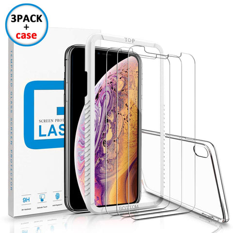 Marge Plus Compatible with iPhone Xs Max Screen Protector, （3 Packs +1 Clear Case） 0.25mm Tempered Glass Screen Protector Anti-Scratch Case Friendly 2.5 D Curved Edge 6.5 Inch with 99% Touch Accurate