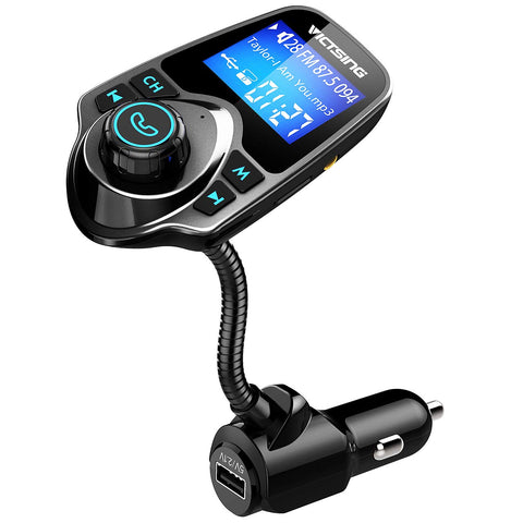 VicTsing Bluetooth FM Transmitter, Wireless In-Car Radio Transmitter Adapter /w USB Port, Support AUX Input 1.44 Inch Display TF Card Slot - Silver Grey