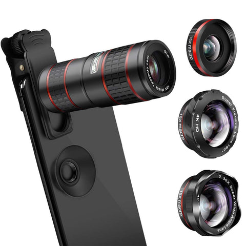 Phone Camera Lens, KNGUVTH 5 in 1 Cell Phone Lens Kit - 12X Zoom Telephoto Lens + Fisheye Lens + Super Wide Angle Lens+ Macro Lens (2 Lens) Compatible with iPhone X XS Max XR/8/7/6/6s Samsung Andriod