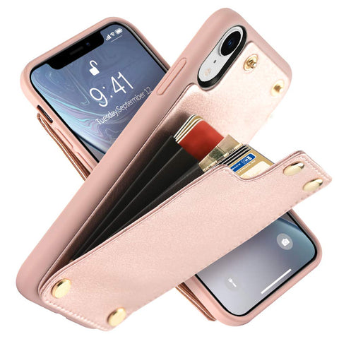 LAMEEKU Wallet Case for Apple iPhone XR, 6.1-Inch, Shockproof Leather Credit Card Holder Slot Money Pocket Cases, Protective Bumper Phone Cover Compatible with iPhone XR 6.1" (2018) Rose Gold