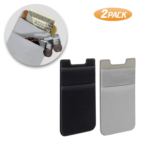SHANSHUI Phone Card Holder, Double Slots Stretchy Fabric Adhesive Lycra Spandex Card Sleeves Stick On Phone/Case Wallet with Pocket (Black & Grey) - 2 Packs