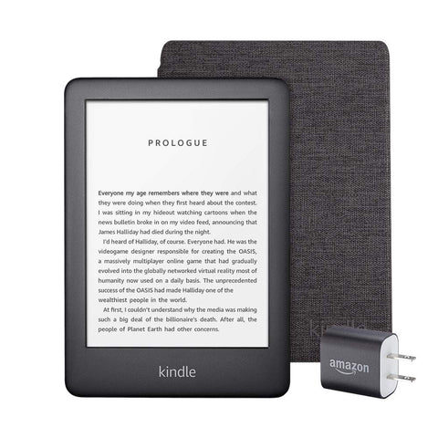 Kindle Essentials Bundle including All-new Kindle, now with a built-in front light, Black - with Special Offers, Kindle Fabric Cover – Charcoal, and Power Adapter