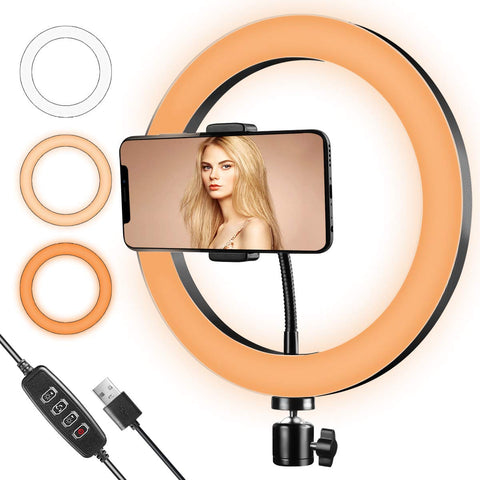 LED Ring Light 10" with Cell Phone Holder for YouTube Video & Streaming, Dimmable Desktop Makeup Ring Light for Photography Lighting with 3 Light Modes & 10 Brightness Level