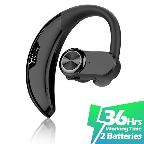 YUWISS Bluetooth Headset [36Hrs Playtime, 2 Batteries, V4.2] Wireless Bluetooth Earpiece for Cell Phone Noise Canceling Car Earbuds Headphones with Mic Compatible with iPhone Samsung Android (Black)
