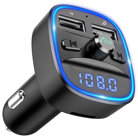 Comsoon Bluetooth FM Transmitter, [Blue Ambient Ring Light] Wireless Radio Car Receiver Adapter Kit with Hands-Free Calling, Dual USB Charger 5V/2.4A & 1A, Support TF/SD Card, USB Disk