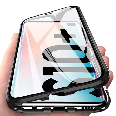 Eabuy Galaxy S10 Plus Case, 360° Full Body Transparent Tempered Glass with Magnetic Adsorption Metal Bumper Case Cover for Samsung Galaxy S10 Plus Black