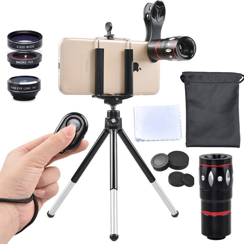 Apexel 5 in 1 Camera Lens Kit - Telephoto + Fisheye + Wide Angle & Macro + Wireless Shutter with Mini Tripod + Phone Holder for iPhone X/8/7/6/6s Plus Samsung Galaxy S8/S7 Plus Andriod Phone