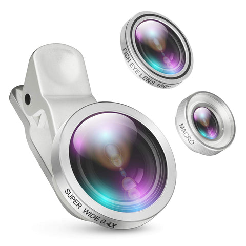 AMIR For iPhone Lens, 0.4X Wide Angle Lens + 180°Fisheye Lens & 10X Macro Lens (Screwed Together), Cell Phone Lens for iPhone Camera Lens for iPhone 7 Plus, 8, 7, 6s, Samsung & Smartphones(Silver)