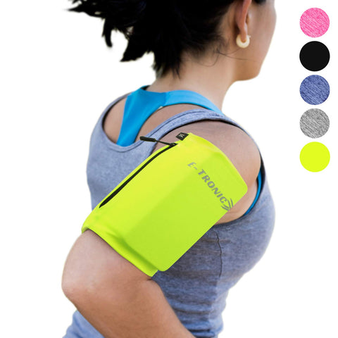 Phone Armband Sleeve: Running & Jogging High Visibility Cellphone Holder in Fluorescent Yellow to be Seen at Night. Reflective Gear & Safety Accessories for Women & Men & Kids. Fits ALL Phones (SMALL)