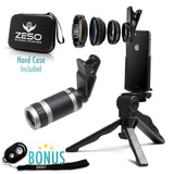 Camera Lens Kit by Coral Entertainments | Professional Telephoto, Macro & Wide Angle Lenses | Tripod and Selfie Remote Control | for iPhone, Samsung, iPads, Tablets | Hard Case & Universal Clip