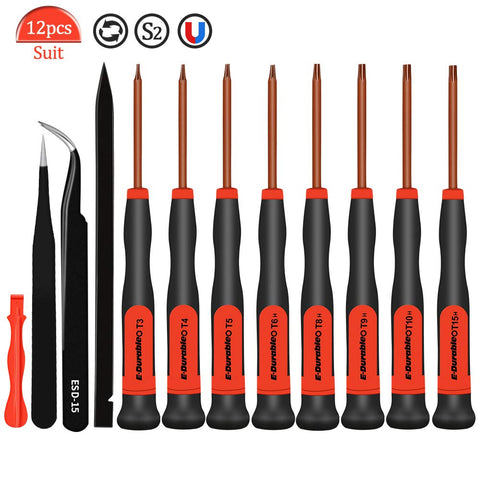 E.Durable Torx Screwdriver Set T3 T4 T5 T6 T8 T9 T10 T15 Security Torx Drivers with ESD Tweezers, Magnetic Screwdrivers Precision Repair Kit for Xbox PS4 Ring Doorbell Folding knife Macbook Computer