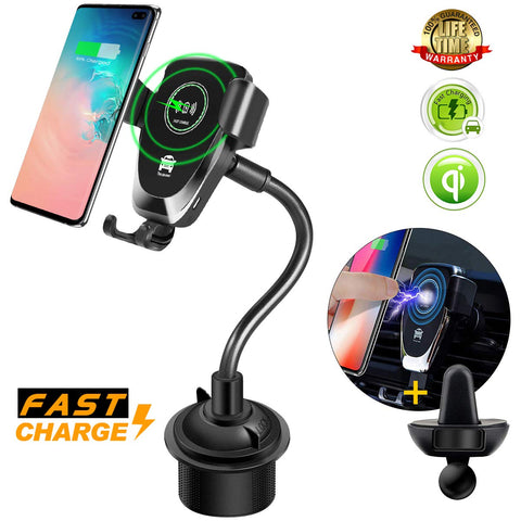 Car Cup Phone Holder&Gravity Air Vent Wireless Car Mount,[10W Qi Fast Charge] Universal Car Charger Compatible for Samsung Galaxy S10e/S10/S9/Note9,iPhone X/XR/XS Max,Huawei P30 Pro,QI-Enabled Phone