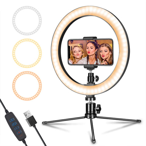 LED Ring Light 10" with Tripod Stand & Phone Holder for Live Streaming & YouTube Video, Dimmable Desk Makeup Ring Light for Photography, Shooting with 3 Light Modes & 10 Brightness Level