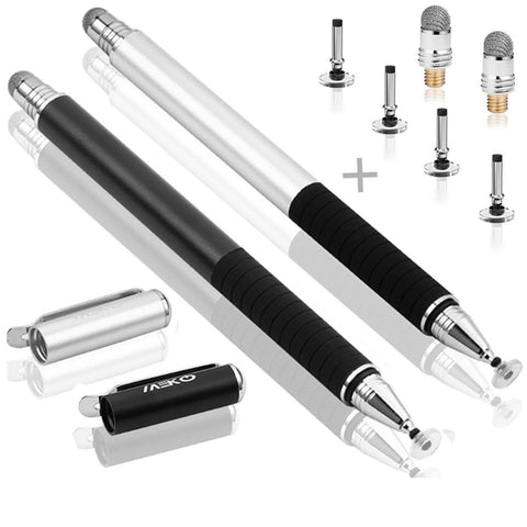 MEKO(TM (2 Pcs)[2 in 1 Precision Series] Disc Stylus/Styli Bundle with 4 Replaceable Disc Tips, 2 Replaceable Fiber Tips for All Touch Screen Devices - (Black/Silver)
