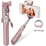 Selfie Stick, MOCREO Wireless Selfie Stick with 360 Degree Led Fill Light and Mirror, Compatible with iOS and Android Smart Phones (Rose Gold)