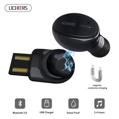 Bluetooth Earbud, licheers Single Mini Bluetooth Wireless Earphone in Ear Headphone Magnetic USB Charger Microphone Compatible iPhone Xs max, iPhonex,iPhone 8, Samsung s7 s8 More