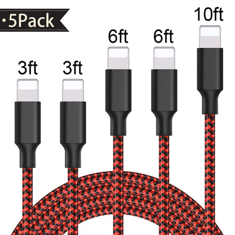 iPhone Charger, Zouxin MFi Certified Lightning Cables 5Pack 2x3FT 2x6FT 10FT to USB Syncing Data and Nylon Braided Cord Charger for iPhone Xs/Max/XR/X/8/8Plus/7/7Plus/6S/6S Plus/SE/iPad and More