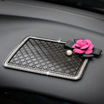 Lzttyee Camellia Flower Crystal Pearl Car Dashboard Pad Anti-Slip Dash Sticky Mat for Cell Phone and Accessories Holder (Rose Red Flower)