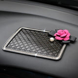 Lzttyee Camellia Flower Crystal Pearl Car Dashboard Pad Anti-Slip Dash Sticky Mat for Cell Phone and Accessories Holder (Rose Red Flower)