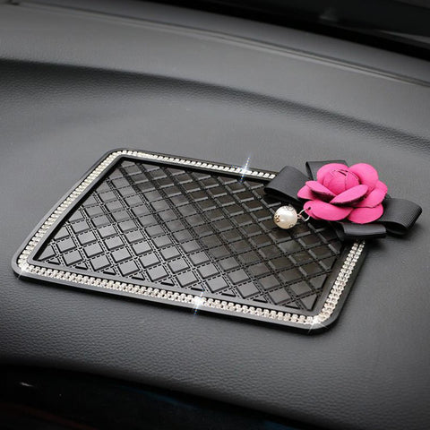 Lzttyee Camellia Flower Crystal Pearl Car Dashboard Pad Anti-Slip Dash Sticky Mat for Cell Phone and Accessories Holder (Rose Red Flower)