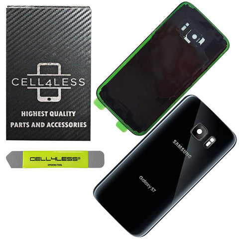 CELL4LESS Compatible Back Glass Cover Back Door w/Installed Camera Lens, Custom Removal Tool & Installed Adhesive Replacement for Samsung Galaxy S7 - All Models G930 - OEM Replacement (Black)