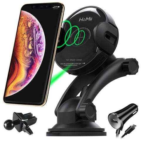 Wireless Car Charger, HoMii Automatic 10W Qi Fast Charging Car Phone Holder Dashboard & Air Vent Compatible with iPhone Xs Max/Xs/ XR/X/ 8/8 Plus, Samsung Galaxy S7/S8/S9 Note 5/7/8