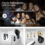 Cell Phone Camera Lens Kit – VIEWOW 4K HD 7 Optical Glasses 15X Macro 0.45X Wide Angle Phone Lens Kit with LED Light and Travel Case, Compatible with iPhone X/XS/8/7 Plus Samsung Pixel