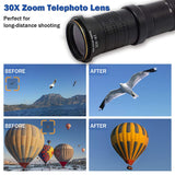30X Cell Phone Camera Lens, 4 in 1 HD Phone Photography Lens Kit - 18X-30X Zoom Monocular Telephoto Lens - Remote Shutter & Flexible Phone Tripod, Wide Angle, Fisheye & Macro Lens for Smartphones