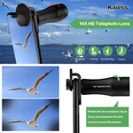 Phone Camera Lens,Kaiess 4 in 1 Cell Phone Lens Kit - 14X Zoom Telephoto Lens + 120° Super Wide Angle + Upgraded 20x Macro Lens + Fisheye Lens Compatible with iPhone X XS Max XR/8/7/6 Samsung Andriod