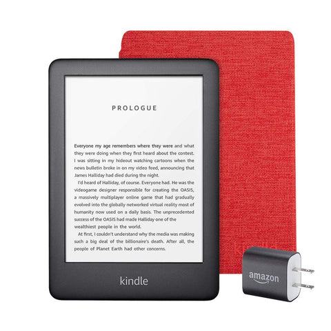 Kindle Essentials Bundle including All-new Kindle, now with a built-in front light, Black - with Special Offers, Kindle Fabric Cover – Punch Red, and Power Adapter