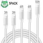 iPhone Charger,MFi Certified Lightning Cables 5Pack 2X3FT 2X6 10FT to USB Syncing Data and Nylon Braided Cord Charger for iPhone Xs/Max/XR/X/8/8Plus/7/7Plus/6S/6S Plus/SE/iPad and More - Silver