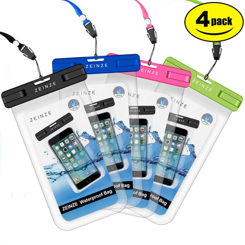 ZEINZE Waterproof Case Universal Waterproof Phone Bag Pouch Drag Bag for iPhone Xs 6 6S 7 Plus 5 5S 5C Galaxy S8 S7 S6 S5 S4 Note 5 4 3 Google Pixel HTC LG Sony Moto Devices Up to 6" Pack of 4
