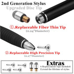 MEKO (2nd Generation) [2 in 1 Precision Series] Disc Stylus Pen for iPhone, iPad Pro/Mini/Air, Samsung Galaxy Note and All Touch Screen Devices Bundle with 6 Replacement Tips,Pack of 2(Black/Black)