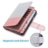 ULAK Wallet Case for iPhone Xs 5.8 Inch 2018, iPhone X 2017, Premium PU Leather Case with Credit Card Holders Magnetic Closure Flip Cover, Rose Gold/Black and White Stripes