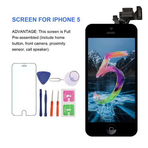 for iPhone 5 Screen Replacement with Home Button, Black - MAFIX Full Pre-Assembly LCD Display Digitizer Touch Screen Tool Kits for Model A1428/A1429/A1442