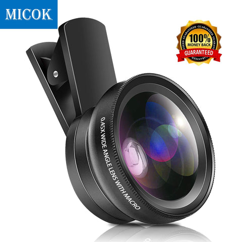 Phone Camera Lens, 2 in 1 Cell Phone Lens Kit for iPhone Samsung Android, 0.45X 49 UV Wide Angle Lens with Macro Lens Clip