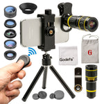 Godefa Cell Phone Camera Lens with Tripod+ Shutter Remote,6 in 1 18x Telephoto Zoom Lens/Wide Angle/Macro/Fisheye/Kaleidoscope/CPL, Clip-On lense Compatible for iPhone X 8 7 6s Plus, Samsung and More