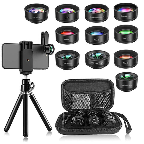 Phone Camera Len,Wiilkac 12 in 1 Phone Lens Kit with Selfie Stick Tripod,Wide Angle,Zoom Lens, Macro Len,Fisheye Lens,CPL, Starburst,Kaleidoscope Lens,Color Filters Compatible iPhone X/8/7 Samsung