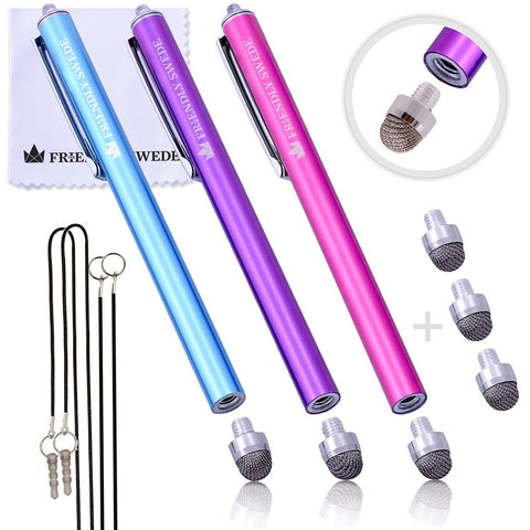 The Friendly Swede Replaceable Micro-Knit Tip Hybrid Stylus with Lanyards, Cloth and Replacement Tips (3 Pack) (Hot Pink + Light Blue + Purple)