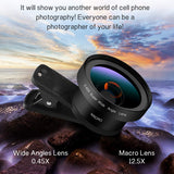Jisusu for iPhone Lens, 0.45x Wide Angle Lens,230°Fisheye Lens & 12.5X Macro Lens (Screwed Together) 3 in1,Clips-On Cell Phone Lens Kit for iPhone/Samsung/Android/Most Smartphones and Tablets