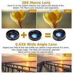 Cell Phone Camera Lens Kit, OUNUO 6 in 1 Kit 12X Zoom Telephoto Lens + 235° Fisheye Lens + 0.62X Wide Angle Lens + 20X Macro Lens + Professional CPL Lens + Starburst Lens + Phone Holder & Tripod