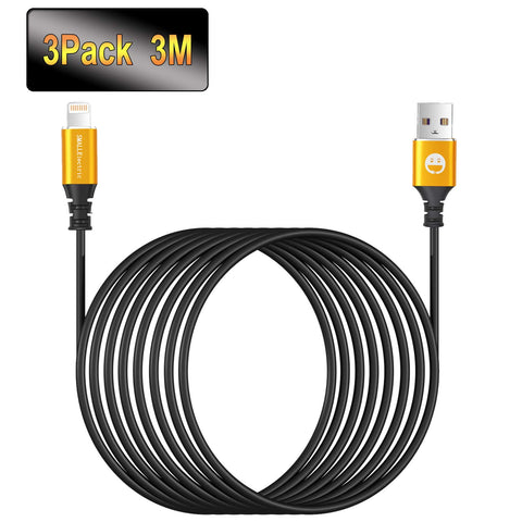 10FT Extra Long Cable 3Pack for iPhone Charger Cable SMALLElectric Gold Alloy Sync Long USB Cord for iPhone X Case XS Max XR / 8 Plus / 7 Plus / 6 / 6s Plus / 5s / 5c / iPad Mini Air Case/Black