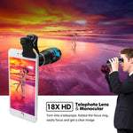 Phone-Lens-Kit with Tripod+Remote Shutter,6 in 1 Camera Lens for iPhone-18X Telephoto Lens+Wide Angle& Macro Lens+Fisheye+2X Lens+CPL, for Most Smart-Phone