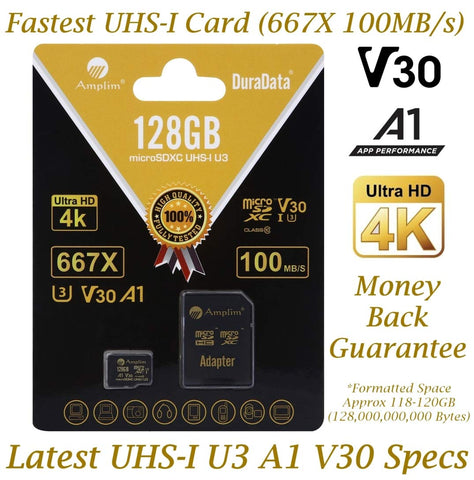 Amplim 128GB Micro SD SDXC V30 A1 Memory Card Plus Adapter Pack (Class 10 U3 UHS-I MicroSD XC Extreme Pro) 128 GB Ultra High Speed 667X 100MB/s UHS-1 TF MicroSDXC 4K Flash - Cell Phone, Drone, Camera