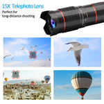 Phone Camera Lens, 5 in 1 Cell Phone Lens Kit 15X Telephoto Zoom Lens + Wide Angle + Fisheye + Macro Lens(2 Lens) Compatible with iPhone Samsung Android and Most Smartphones