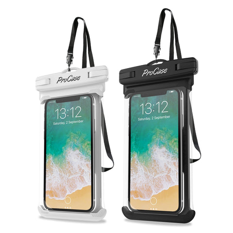 ProCase Universal Waterproof Case Cellphone Dry Bag Pouch for iPhone Xs Max XR XS X 8 7 6S Plus, Galaxy S10 Plus S10 S10e S9+/Note9, Pixel 3 XL HTC LG Sony Moto up to 6.5" -2 Pack, White/Black